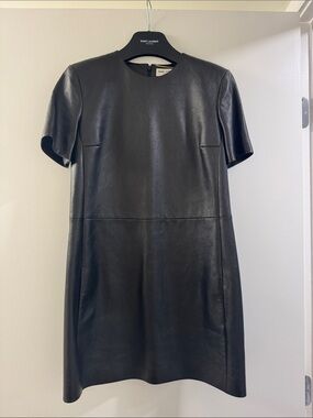 Saint Laurent Black Leather Mini Dress with Short Sleeves